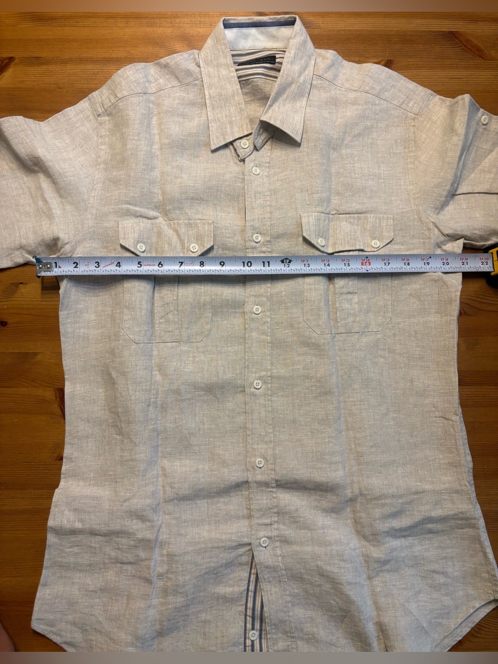 Zara Man Men’s Large 100% Linen Roll Tab Sleeve Shirt Beige Tan Button Up
